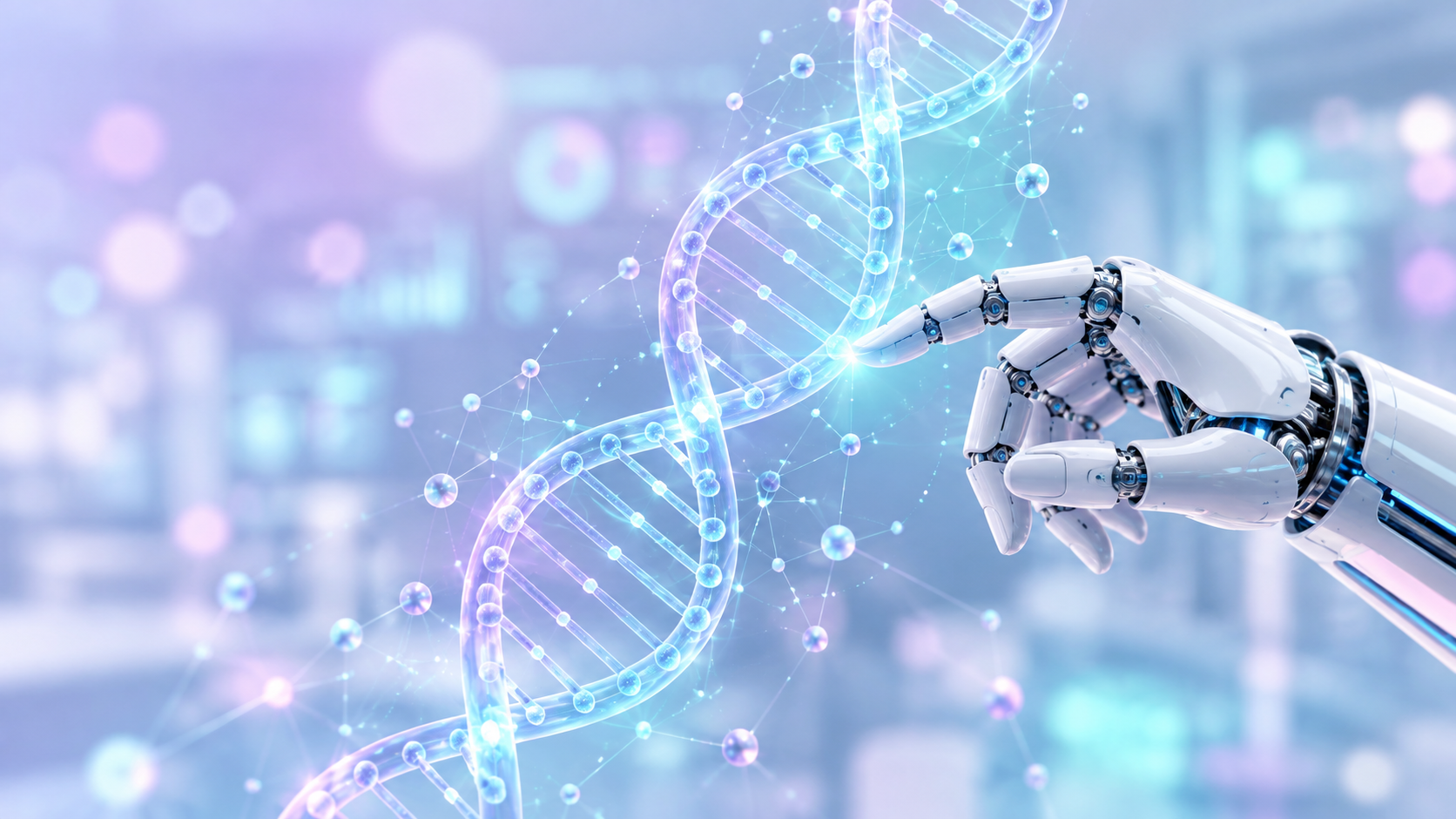 AI cybernetic hand touching glowing DNA helix in life sciences